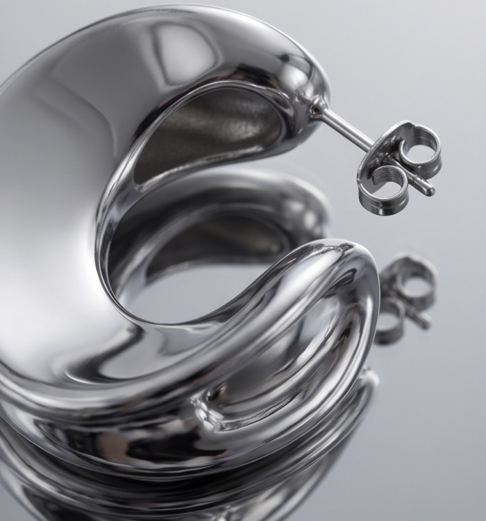 LARGE - EXTRAVAGANZA - Highly Polished Fancy .925 Sterling Silver Italy made Earrings - Highly polished sterling silver earring close-up, showing post and clasp.
