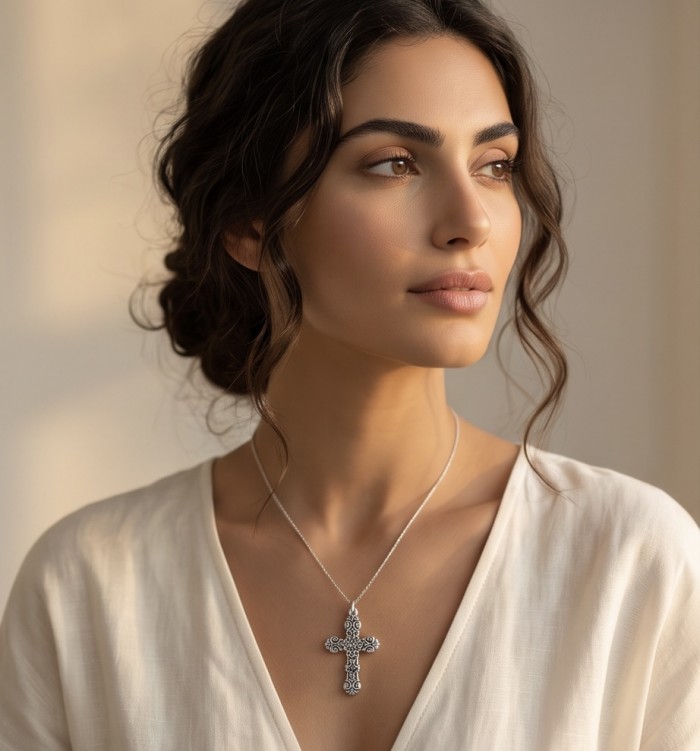 Holy Cross the best quality .925 Sterling Silver Bali made Pendant - Woman wearing Holy Cross .925 Sterling Silver necklace, side view.