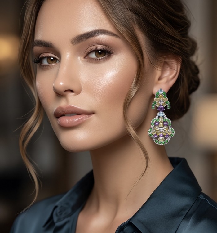 Giovanna - Authentic 18.9 carat Brazilian Citrine .925 Sterling Silver dipped in rhodium handcrafted earrings - Woman wearing Giovanna earrings, side view close-up.