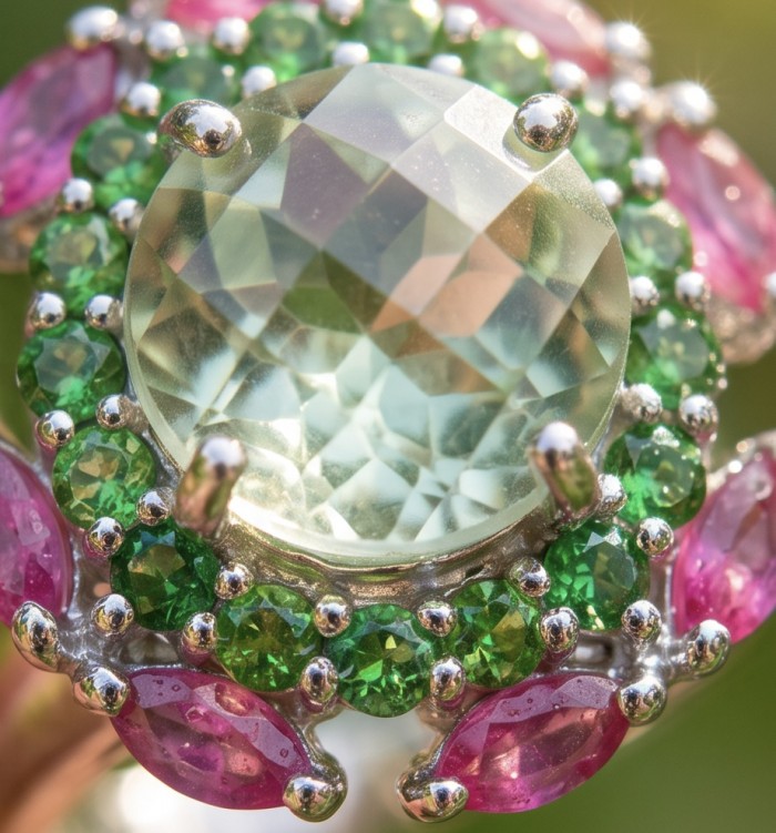 Natural 4.9 carat Green Amethyst .925 Sterling Silver handmade Statement Ring size 8 - Close-up of natural 4.9 carat green amethyst in sterling silver setting.