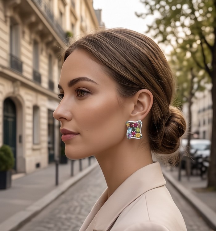 Giovanna - Authentic 10.5 carat Multigem rhodium over .925 Sterling Silver handcrafted earrings - Side view of Giovanna 10.5 carat multigem earrings worn.