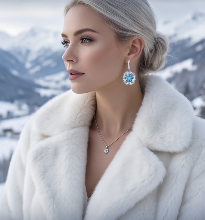 Atlantica 25.7 carat Swiss Blue Topaz .925 Sterling Silver Handcrafted Statement earrings - Side view of woman wearing Atlantica blue topaz earrings and necklace.