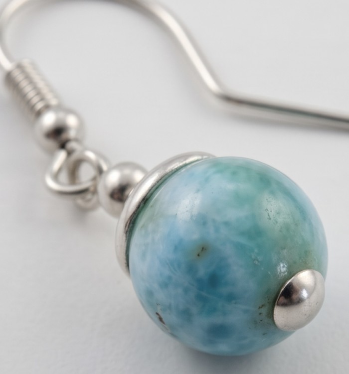 Caribbean Beauty Genuine 8.5 carat Blue Larimar .925 Sterling Silver handmade earrings - Close-up of a Caribbean Beauty Blue Larimar earring detail.