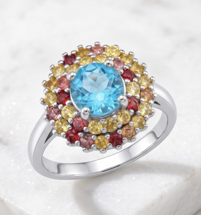 Atlantica 2.8 carat Swiss Blue Topaz .925 Sterling Silver dipped in rhodium handcrafted ring size 7 - Close-up of Atlantica Swiss Blue Topaz ring on white surface