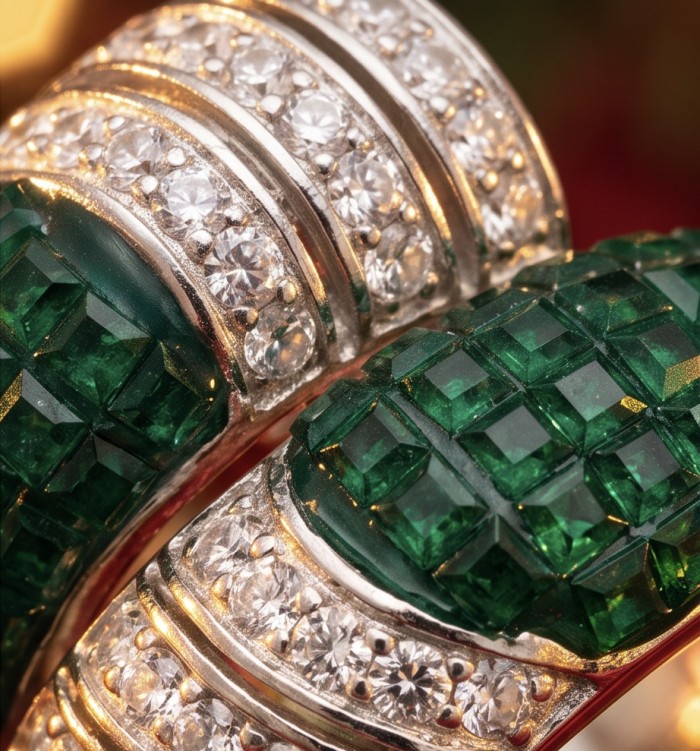 Precious Emerald bow- mystery setting authentic 16.2 carat Emerald .925 Sterling Silver Eternity Ring size 7 1/2 - Close-up of emerald and diamond jewelry with mystery setting detail