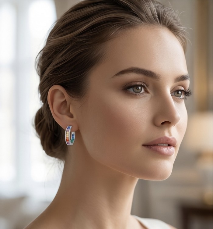Inside- Out Rainbow Authentic 12.9 carat Multicolor Topaz .925 Sterling Silver brilliantly handcrafted HOOP earrings - Side view of Inside-Out Rainbow Topaz earrings worn on ear