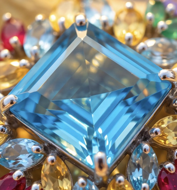 Oceania princess cut 30.8 carat Swiss Blue Topaz .925 Sterling Silver dipped in rhodium Handcrafted Pendant Brooch - Close-up of Oceania princess cut Swiss Blue Topaz with colored gems