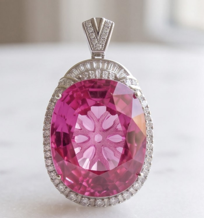 Angel's Wish Luxurious 36.7 carat Pink Sapphire Rhodium over .925 Sterling Silver handcrafted pendant - Close-up of Angel's Wish pink sapphire pendant with rhodium setting