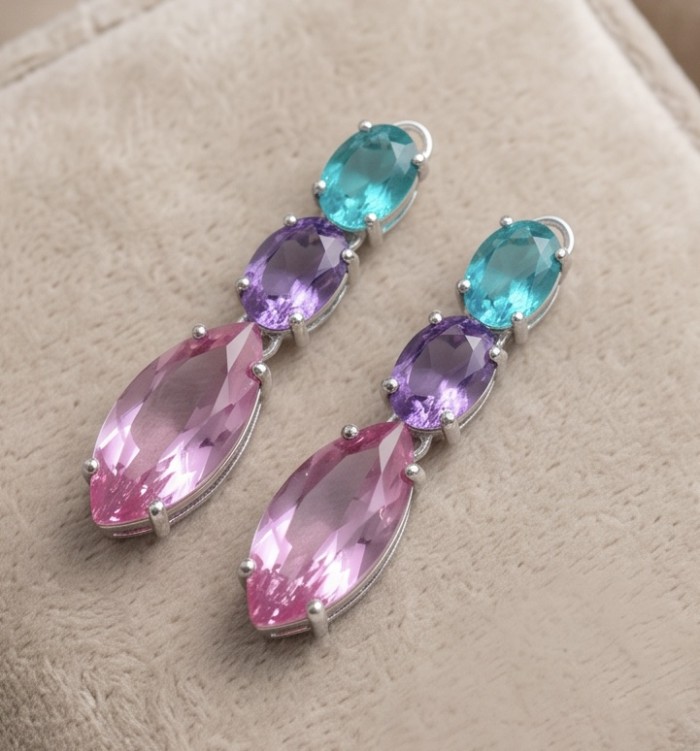 Tiffany - authentic marquise cut 12.7 carat Pink Sapphire .925 Sterling Silver handcrafted Earrings - Colorful drop earrings with pink, purple, and blue gemstones, side view.