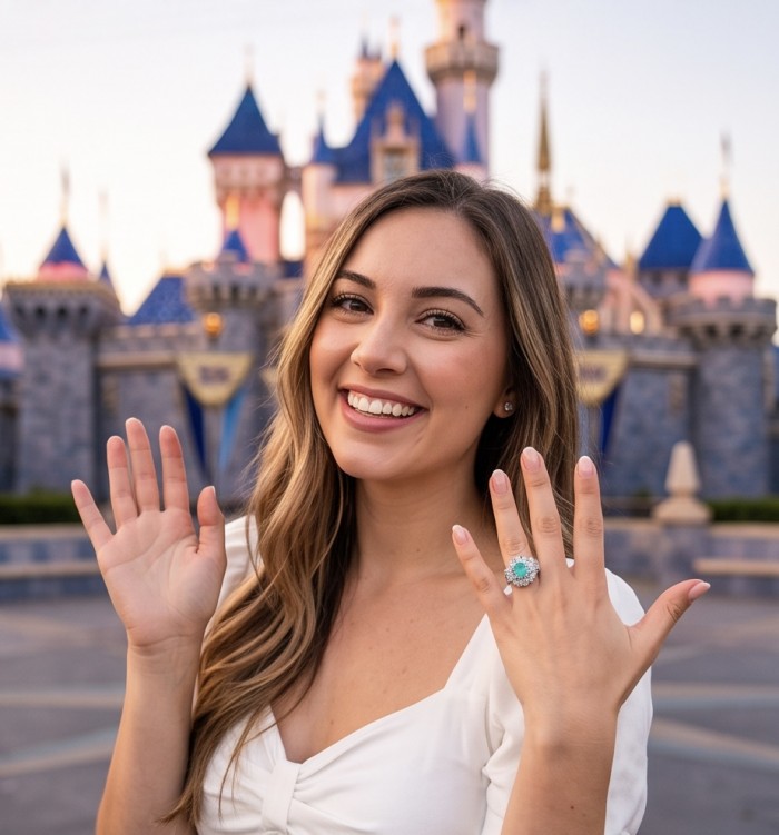 Elizabeth 14.8 carat Colombian Emerald .925 Sterling Silver dipped in Rhodium handcrafted Ring size 7 - Emerald ring worn on hand, woman smiling at castle backdrop