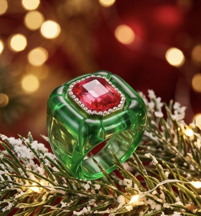 Candy Store - Modern Design Natural Green Raisin Pink Topaz .925 Sterling Silver ring size 8 - Green resin ring with pink topaz, top view, festive background.