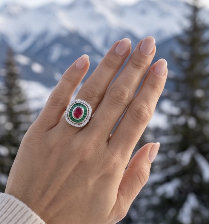 Art Deco 8.6 ctw Ruby Rhodium plated .925 Sterling Silver handcrafted Statement Ring size 8 - Art Deco ruby ring worn on hand, snowy mountains in the background.