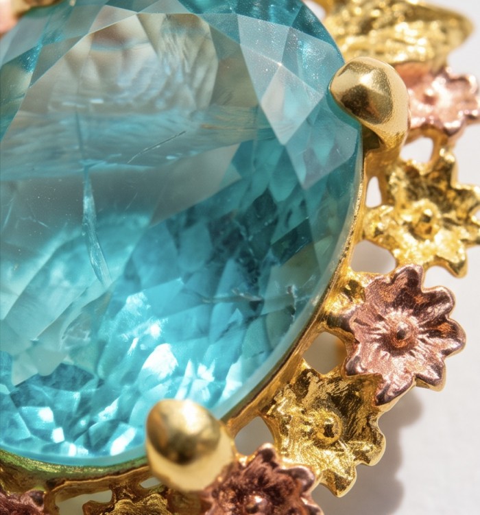 Luxurious 31.6 carat Apatite from Kenya 2 tones 18K Gold over .925 Sterling Silver handmade Pendant - Close-up of 31.6 carat Kenyan Apatite in two-tone 18K gold setting