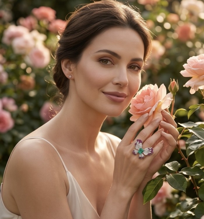Iconic design - Exclusive Bow- Natural 4.5 carat carved Emerald pave 3.4 carat Ruby rhodium over .925 Sterling Silver handcrafted ring size 6 1/2 - Woman in garden wearing butterfly ring with 4.5 carat emerald.