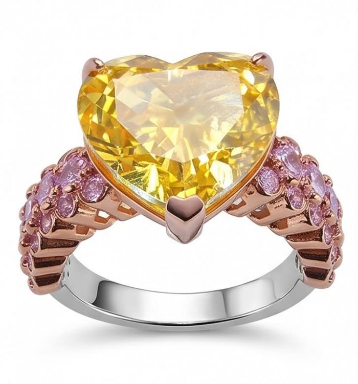 Precious Heart Solid 24.8 carat Genuine Yellow Sapphire 2 tones .925 Sterling Silver handcrafted ring size 7 1/2 - Heart-shaped yellow sapphire ring with pink accents, front view.