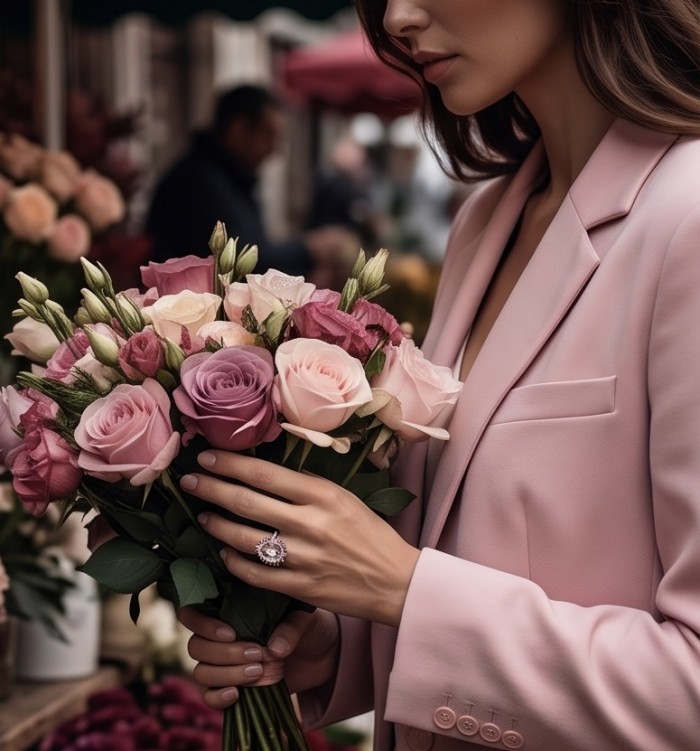 Nirvana Natural Fancy pear cut 15.8 carat White Topaz .925 Sterling Silver dipped in rhodium handmade Statement Ring size 8 - Woman holding flowers wearing Nirvana Natural Fancy 15.8 carat ring