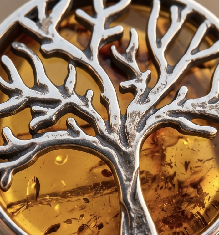 Family Tree Authentic Baltic Amber .925 Sterling Silver handcrafted ring s. 6 - Close-up of Family Tree Baltic Amber pendant in sterling silver.