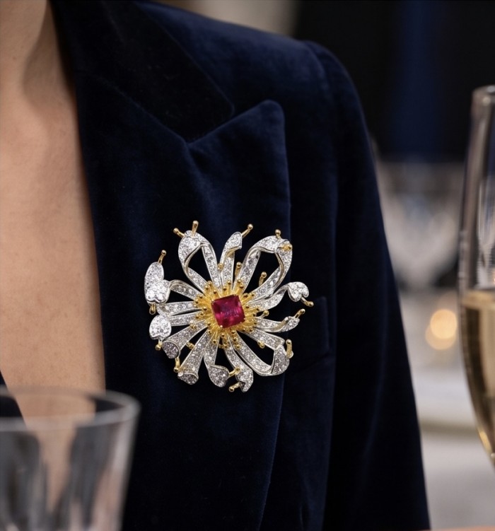 Exotic Flower - RARE FINDING - 4.7 carat Authentic Ruby 18k Gold over .925 Sterling Silver handcrafted Pendant Brooch - Brooch on lapel, featuring 4.7 carat ruby with diamond accents.