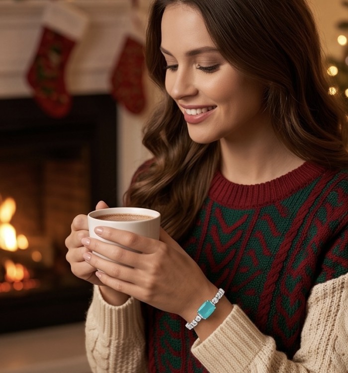 Ofelia - Authentic 9.5 CARAT natural Colombian Emerald 12.2 Moissanite .925 Sterling Silver handcrafted Statement bracelet - Woman by fireplace wearing Ofelia emerald bracelet, front view.