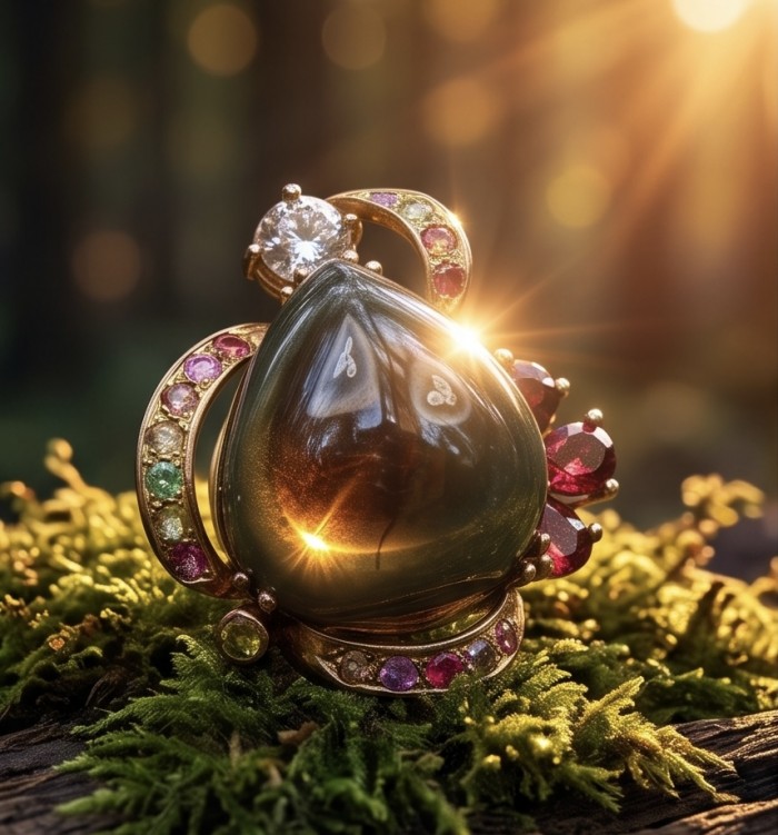 Rare finding! 24.4 carat authentic Kashmir Star Sapphire 22K Gold over .925 Sterling Silver handmade Statement Pendant - Close-up of 24.4 carat Kashmir Star Ruby in sunlight on moss