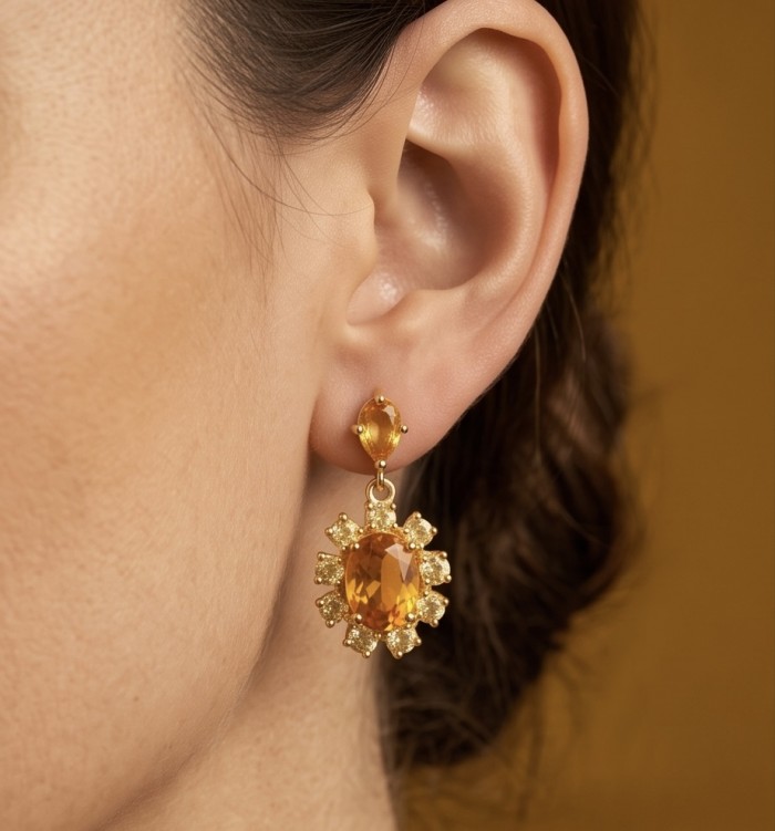 Giovanna - Authentic 4.4 carat Brazilian Citrine .925 Sterling Silver dipped in 22K Gold handcrafted earrings - Citrine earring worn on ear, close-up view.