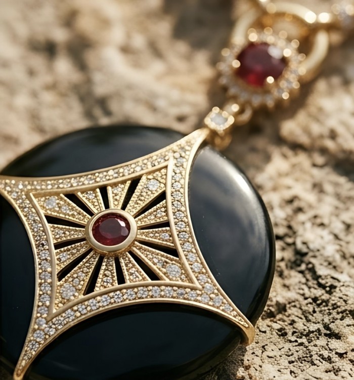 Celtic Cross Authentic Onyx 25.2 Carat Ruby .925 Sterling Silver dipped in 14K Gold handcrafted necklace - Close-up of Celtic cross pendant with ruby and onyx details