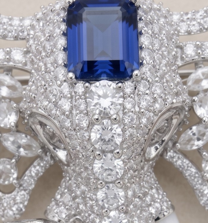 Attract YOUR Luck - ELEPHANT- 5.2 CARAT Sapphire .925 Sterling Silver dipped in rhodium handcrafted Pendant Brooch - Close-up of sapphire and diamond elephant jewelry detail.