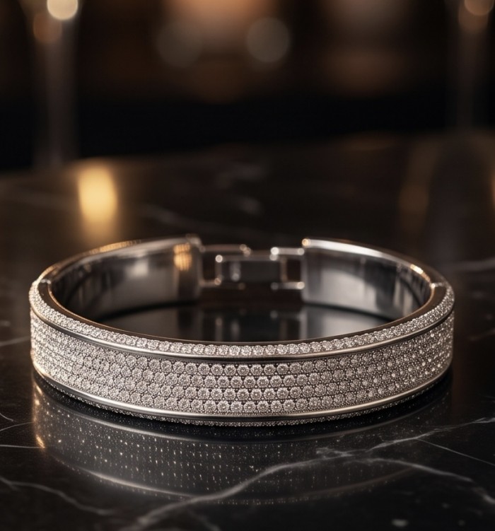 Priscilla 1.9 carat pave White Topaz rhodium over .925 Sterling Silver Bangle highly polished bracelet - Side view of Priscilla 1.9 carat white topaz bracelet on dark surface.