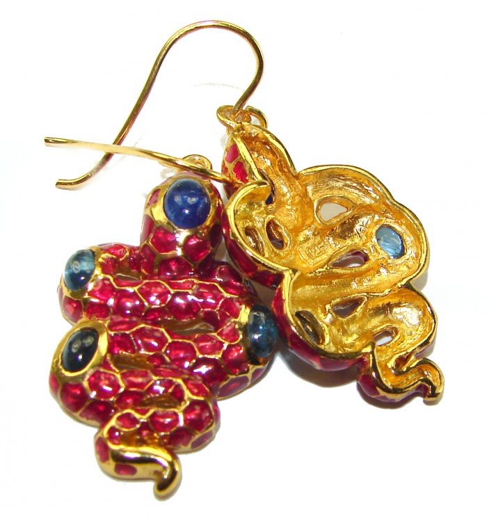Very Unique Snakes Ruby Enamel 18K Gold over .925 Sterling Silver handcrafted earrings - photo 1