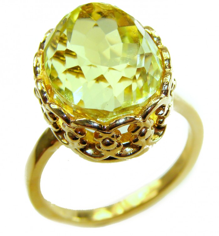 Summer Friday 14.8 carat Genuine Lemon Quartz 18K Gold over .925 Sterling Silver handcrafted ring size 10 - Close-up of Summer Friday lemon quartz ring in 18K gold setting