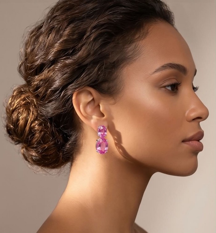 Large - Tiffany - authentic oval cut 49.7 carat Pink Sapphire .925 Sterling Silver handcrafted Earrings - Side view of woman wearing large pink sapphire earrings.