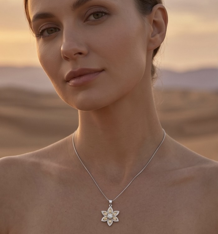 Vivien Luxurious Style - Natural 8.2 carat Citrine .925 Sterling Silver dipped in Rhodium handmade pendant - Model wearing Vivien Luxurious necklace, close-up against desert backdrop.