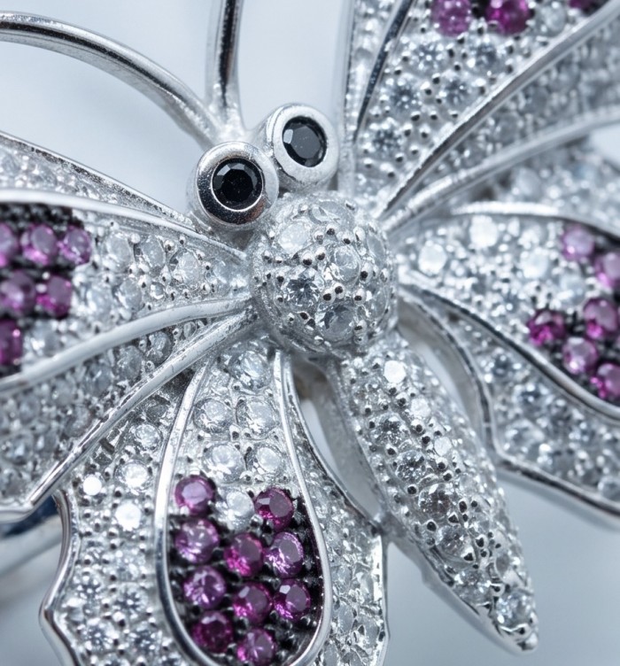 Precious Butterfly Genuine 10.5 carat Ruby .925 Sterling Silver handmade LARGE Statement Ring size 7 1/2 - Butterfly jewelry close-up with ruby and diamond detailing