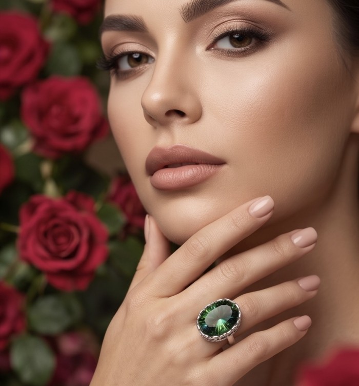 Exotic Beauty oval cut 17.5 carat Helenite .925 Sterling Silver handmade Ring s. 8 1/4 - Woman wearing Exotic Beauty Helenite ring with roses in background.