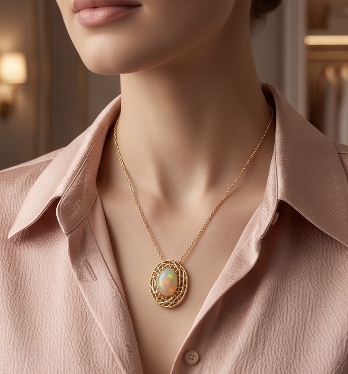 Earth Treasure Authentic 12.8 carat Golden Ethiopian Opal 22K Gold over .925 Sterling Silver handcrafted Statament Necklace - Worn opal pendant necklace with intricate gold setting.