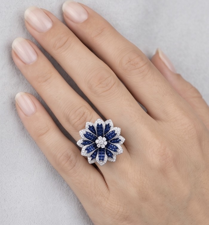 Born to Glam mystery setting 12.2 carat natural Sapphire .925 Sterling Silver Perfectly handcrafted Ring s. 8 - Ring with sapphires and diamonds worn on hand, top view.