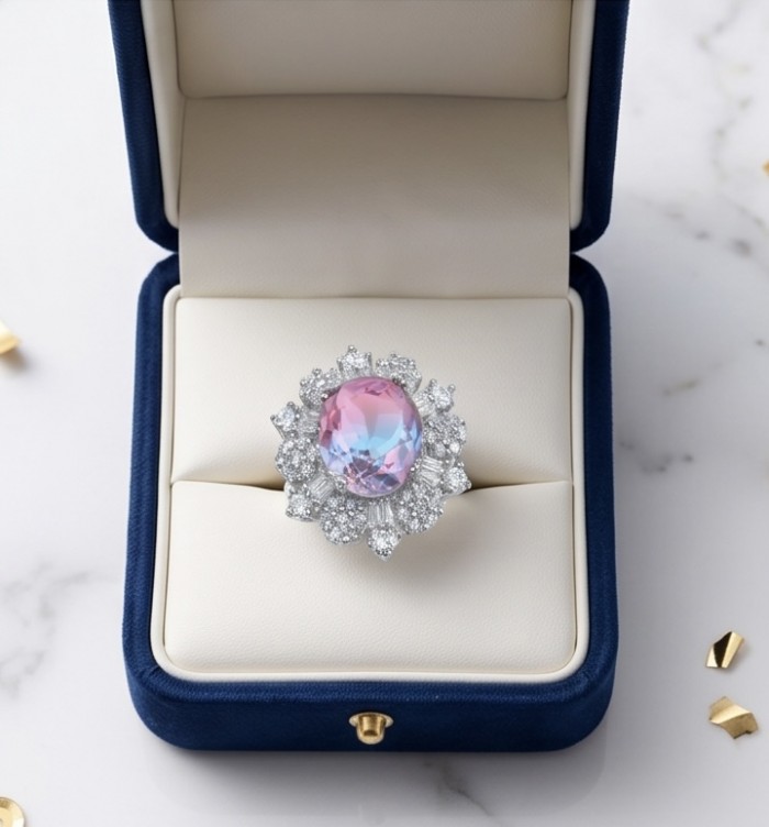 7.8 carat Alexandrite .925 Sterling Silver Perfectly handcrafted Ring s. 8 1/4 - Top view of 7.8 carat Alexandrite ring in a blue velvet box