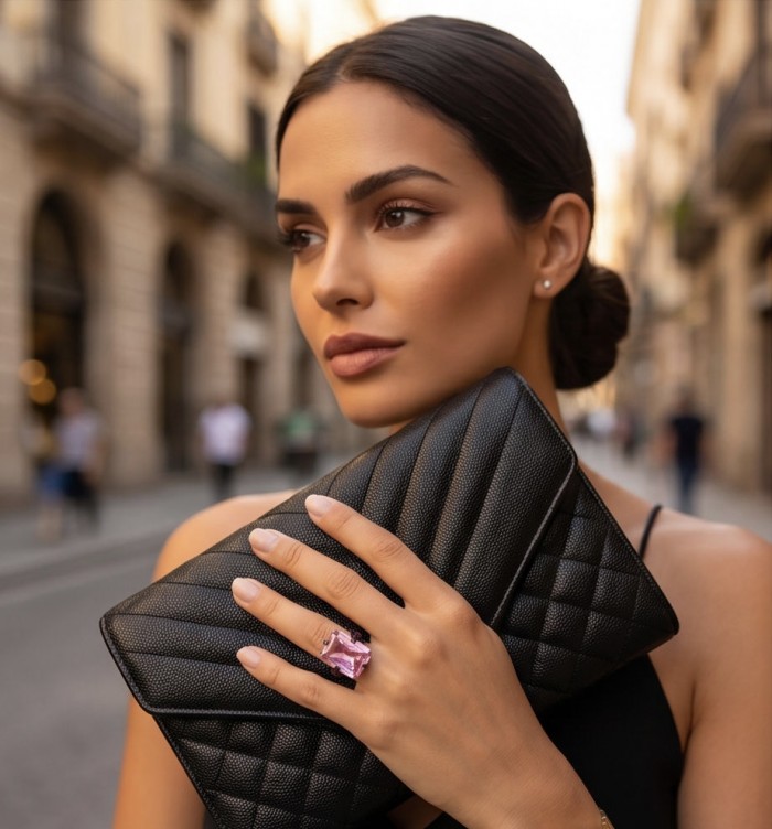 Anastasia 20.2 carat Pink Sapphire black rhodium over .925 Sterling Silver Handcrafted Statement Ring size 6 adjustable - Woman holding clutch, wearing Anastasia 20.2ct pink sapphire ring
