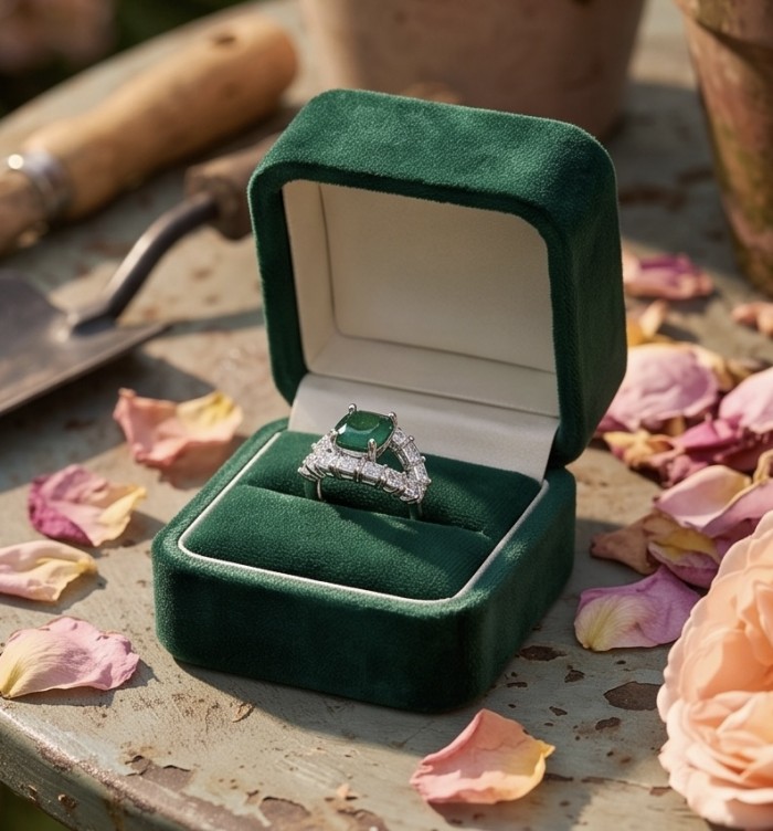 Precious 6.2 CARAT Chrome Diopside .925 Sterling Silver Statement Ring s. 8 - Emerald ring in green velvet box on rustic table with petals.