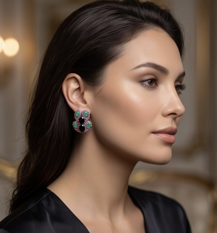 Precious Frogs 22.2 carat natural Sapphire .925 Sterling Silver dipped in rhodium Statement Earrings - Side view of Precious Frogs earrings worn by model.