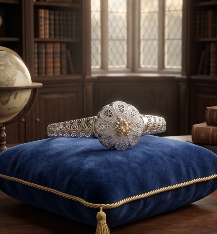 Casablanca - authentic 2.2 carat yellow Tourmaline .925 Sterling Silver Bracelet - Elegant bracelet with yellow tourmaline on a blue cushion, side view.