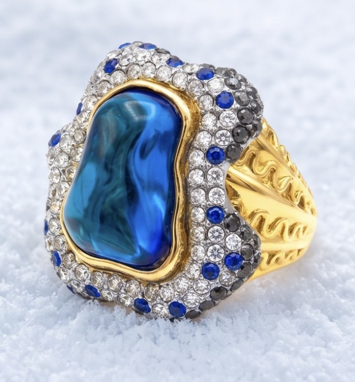 Blue Rhapsody - 18.5 carat natural Swiss Blue Topaz .925 Sterling Silver dipped in 22K Gold handcrafted Large Statement Ring size 7 1/2 - Side view of Blue Rhapsody ring with Swiss blue topaz and diamond accents