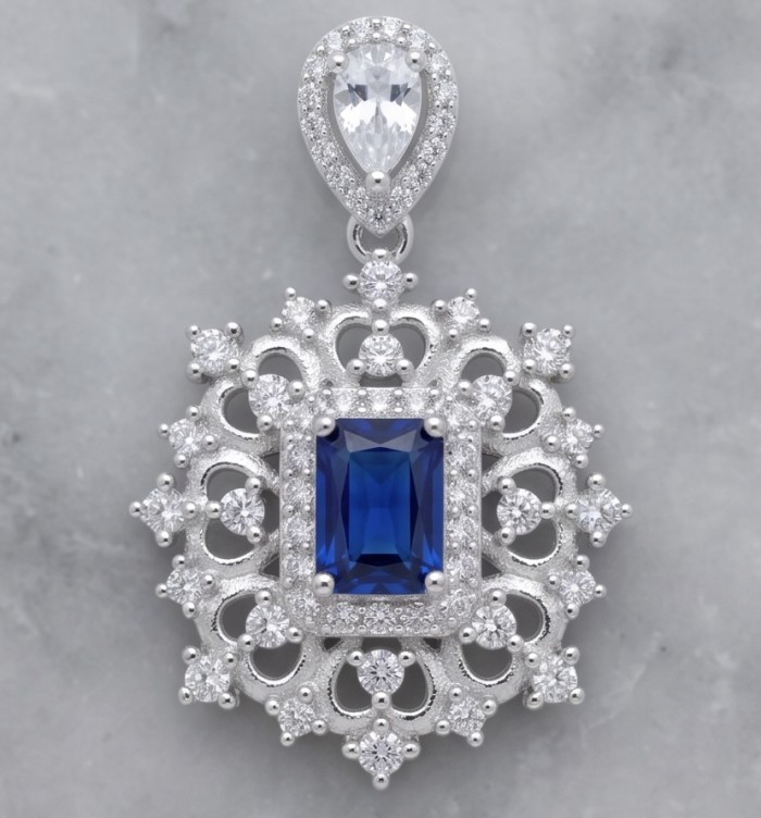 Born to Glam 2.2 carat natural Sapphire .925 Sterling Silver Perfectly handcrafted Pendant - Close-up of Born to Glam Sapphire pendant in sterling silver.