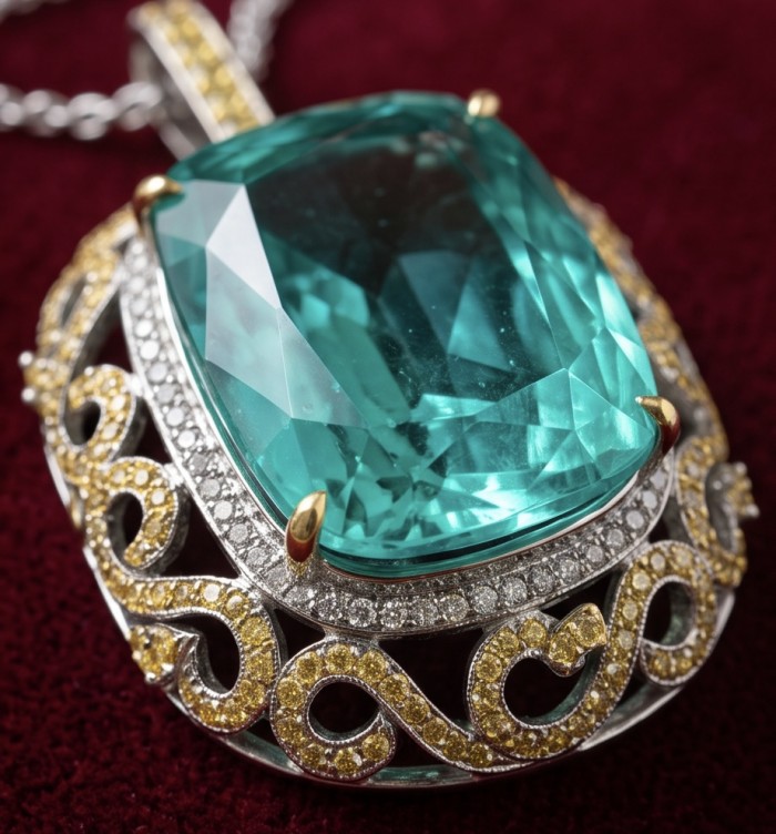 PARADISE FOUND Authentic baquette 44.7 carat Paraiba Tourmaline rhodium over .925 Sterling Silver handmade STATEMENT necklace - Close-up of 44.7 carat aquamarine pendant with ornate details.