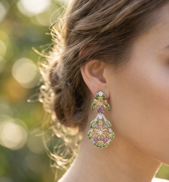 Giovanna - Authentic 18.9 carat Brazilian Citrine .925 Sterling Silver dipped in rhodium handcrafted earrings - Side view of ornate earrings with Brazilian Citrine and green accents.
