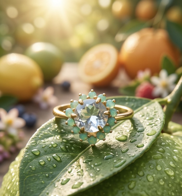 Natural 4.9 carat Green Amethyst 18K Gold .925 Sterling Silver handmade Statement Ring size 8 - Close-up of Green Amethyst ring on a leaf, with citrus fruits in background.