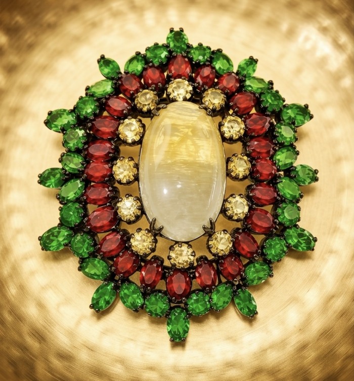 Giovanna 32.2 carat Golden Rutilated Quartz black rhodium over .925 Sterling Silver handmade Pendant - Brooch - Top view of Giovanna brooch with colorful gemstones and central quartz