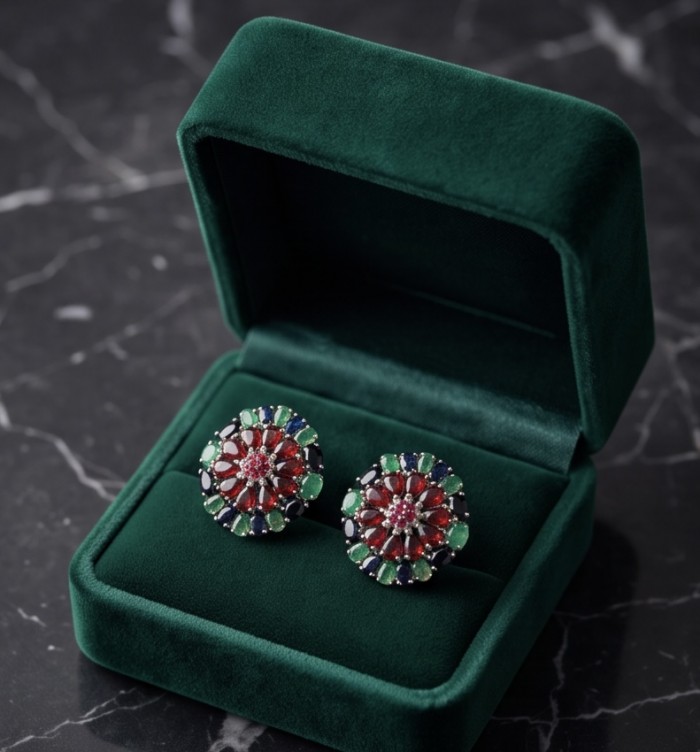 Giovanna - 27.5 carat Mozambique Ruby Colombian Emerald .925 Sterling Silver handcrafted incredible earrings - Front view of Giovanna earrings in green velvet box on marble surface.
