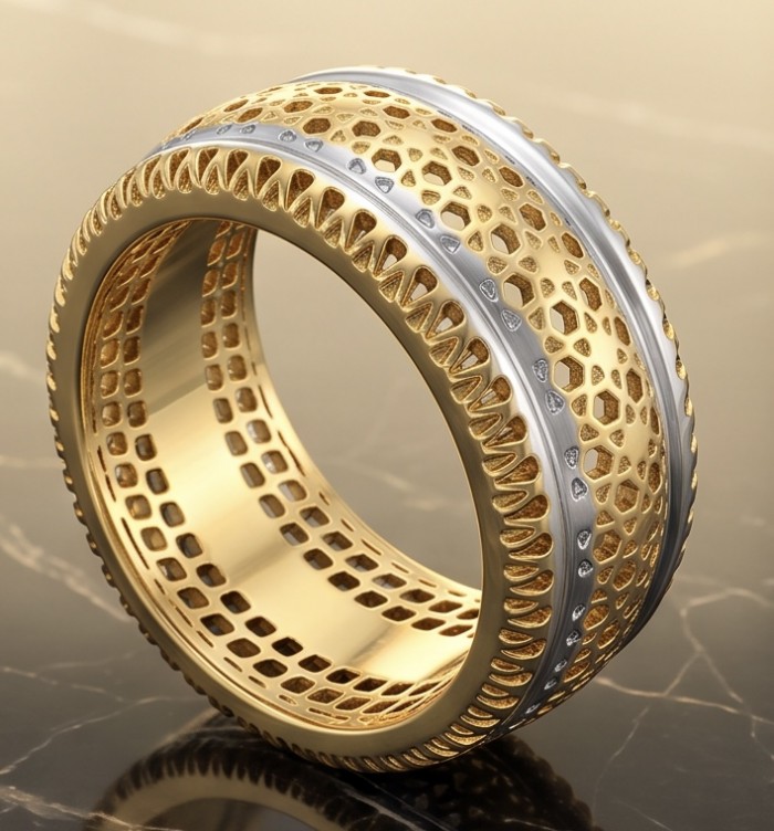 Dubai Style - signet ring - .925 Sterling Silver dipped in 22K Gold handmade Large ring size 6 - Side view of Dubai Style signet ring in gold and silver tones