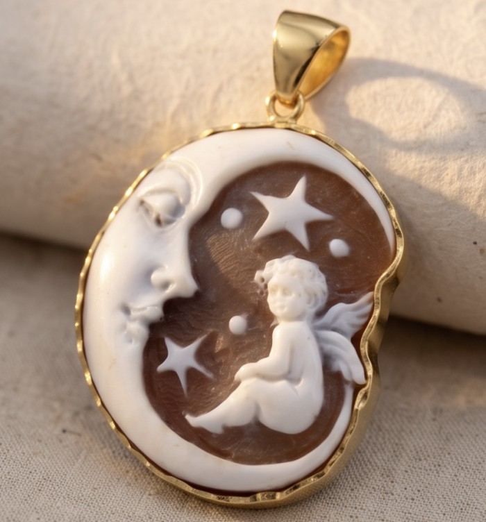 Exquisite Little Angel Cameo from Sea Shell 18K Gold over .925 Sterling SilverMade in Italy Statement pendant - Gold cameo pendant with angel and moon design, front view.